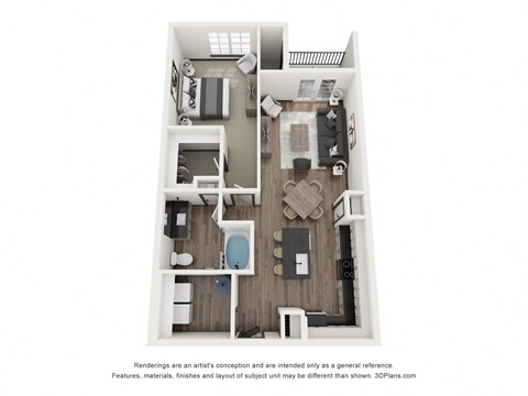 Floor plan for 1 bed, 1 bath, 864 sqft